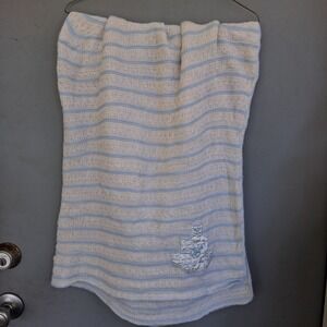 Vintage Baby Blanket Boys Rare HTF Soft Woven Blue Stripe Satin Teddy Bear Motif